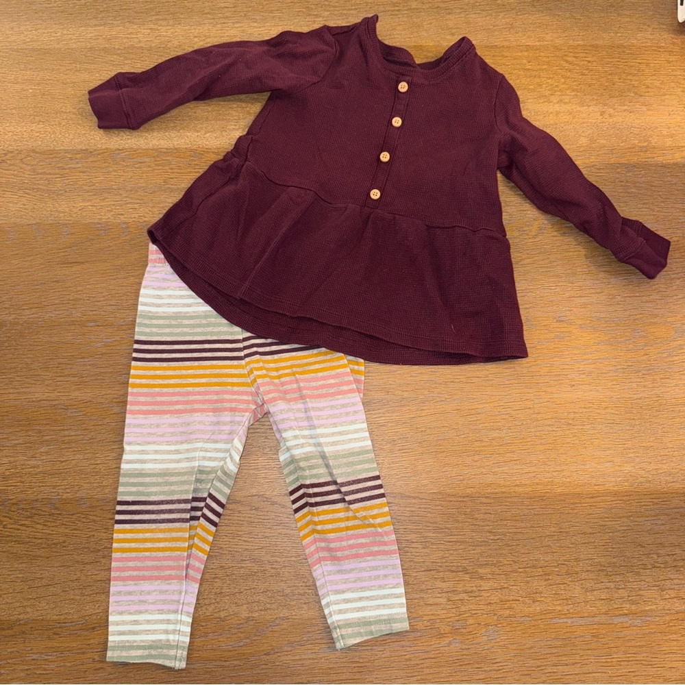 OshKosh Waffle Burgundy Long Sleeve Top and Striped Leggings Set.